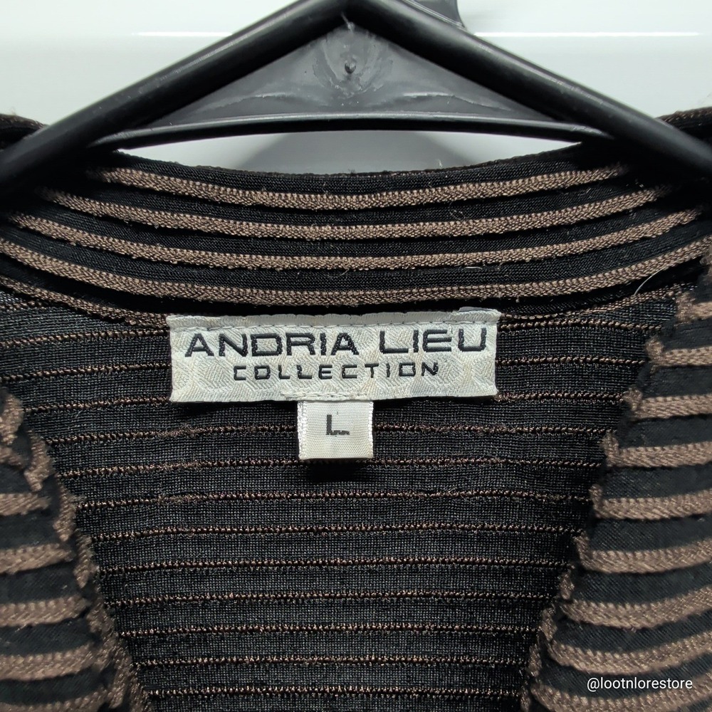 Andria Lieu Collection Top Womens Large Black Bronze Striped Zip Mock Neck L/S - Picture 3 of 7
